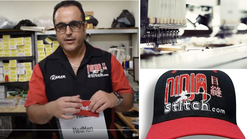 Embroidery shop and finished embroidered hats by Ninja Stitch in Los Angeles