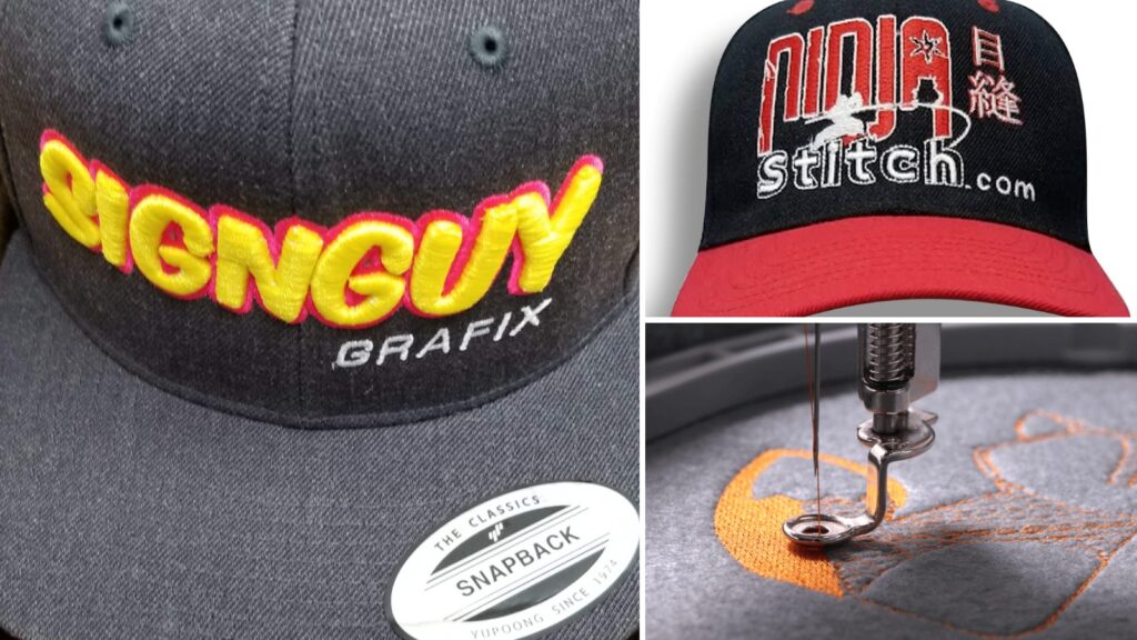 Custom embroidered hats and an embroidery machine needle at Ninja Stitch in Los Angeles