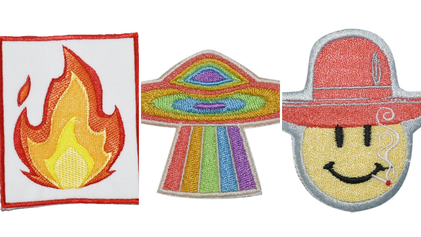 Custom-shaped embroidered patches: flame, UFO and smiley face designs