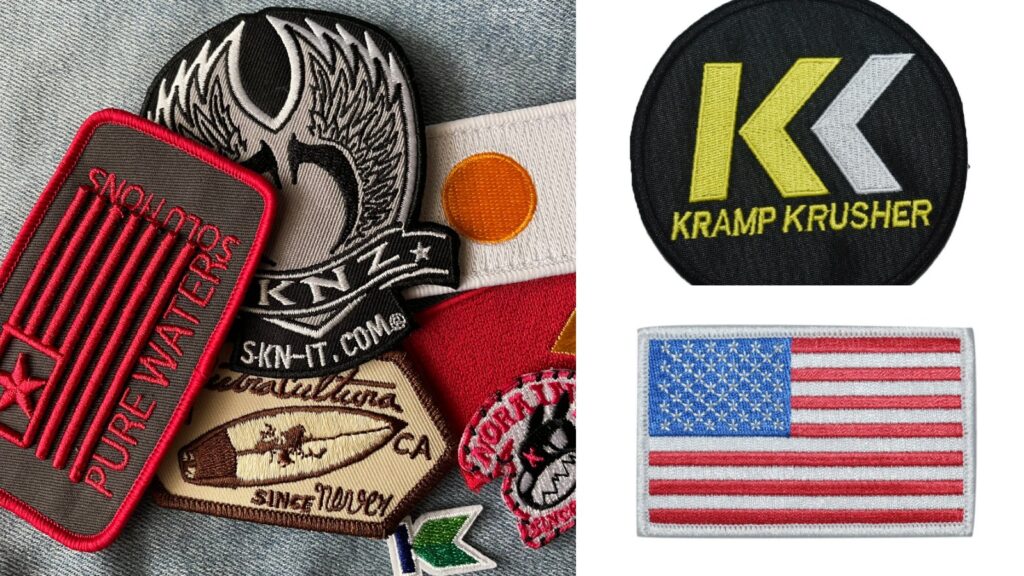 Custom embroidered patches including a velcro-backed American flag patch