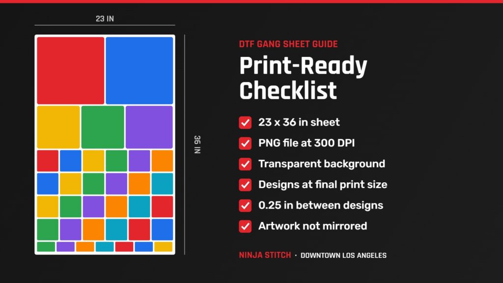 DTF gang sheet print-ready checklist: 23 x 36 inch sheet, 300 DPI PNG, transparent background