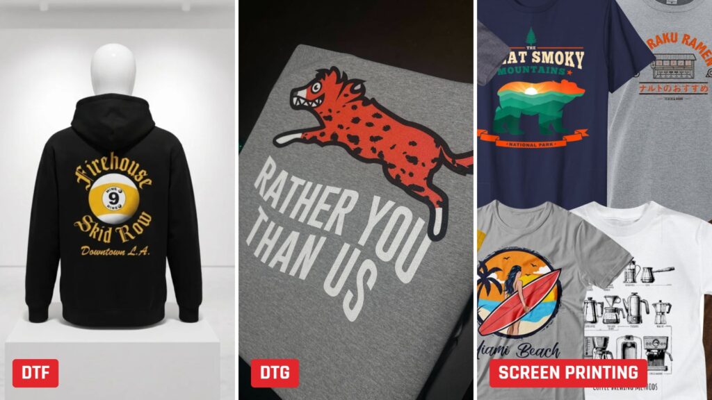 DTF transfer print, DTG printed tee and screen printed t-shirts side by side