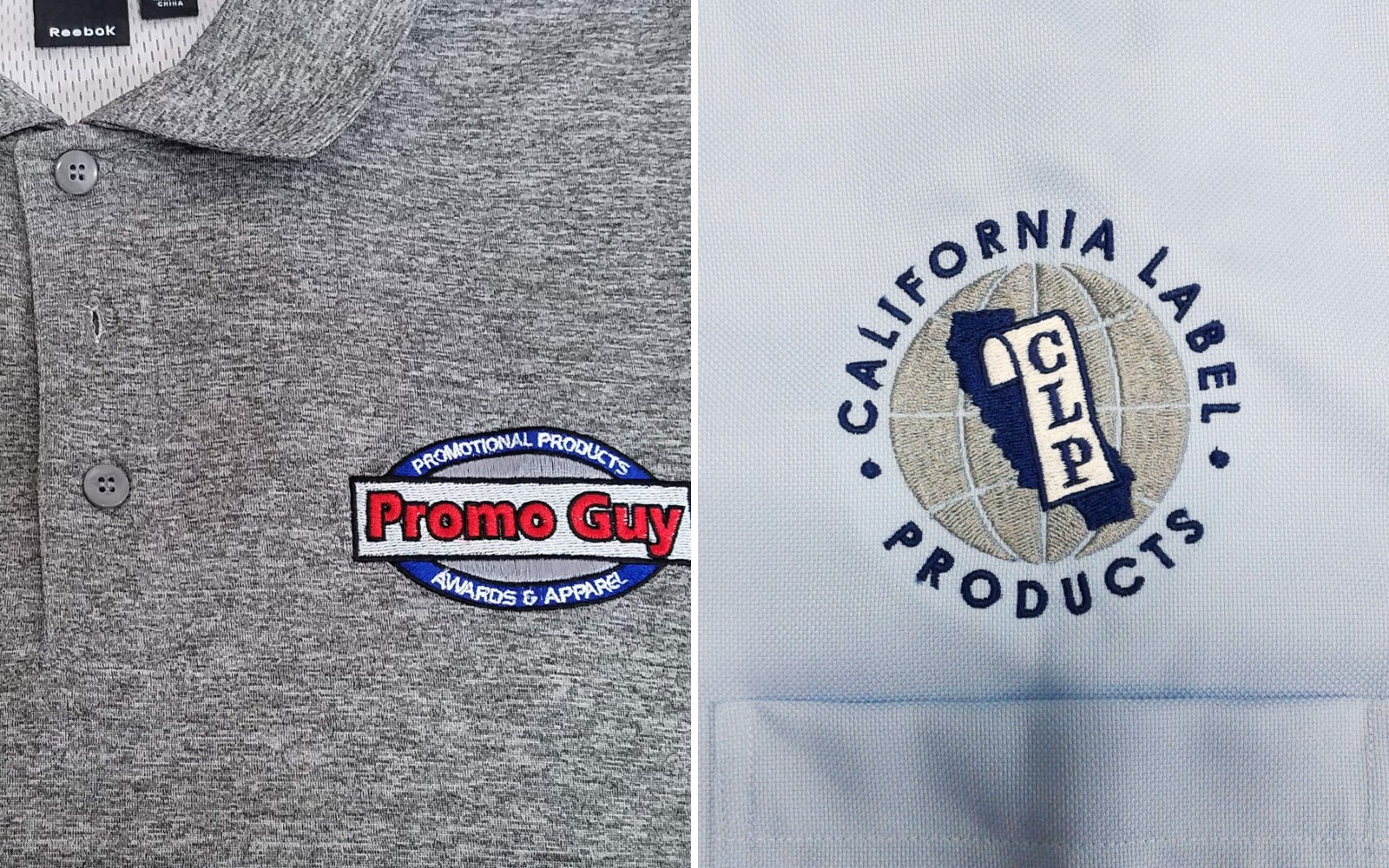 Embroidered company logos on promotional polo shirts
