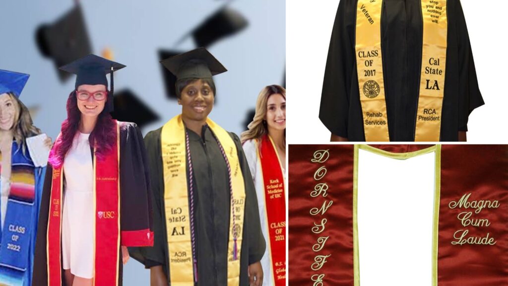 Custom embroidered graduation sashes by Ninja Stitch in Los Angeles