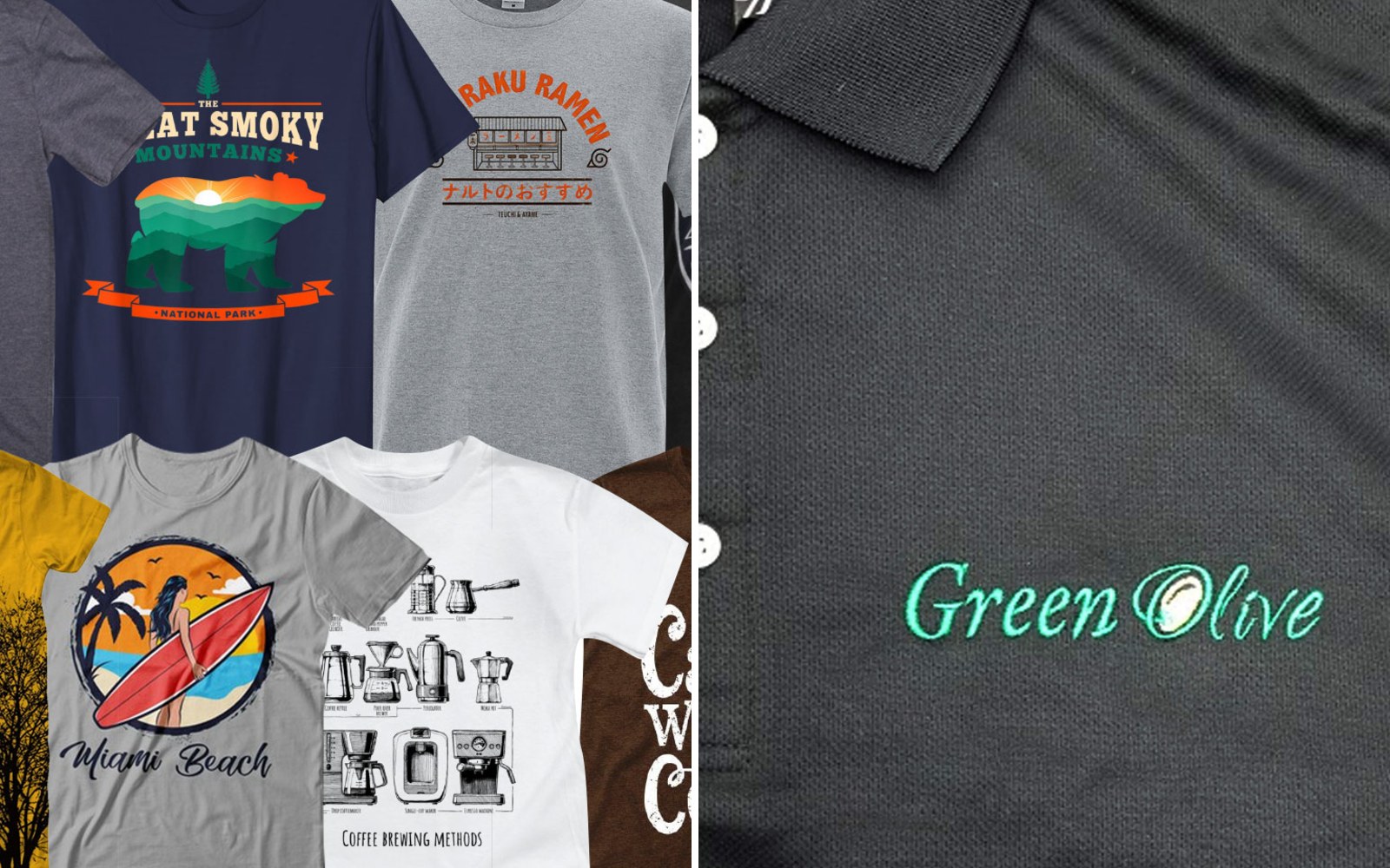 Blank shirts for printing and embroidery examples from Ninja Stitch