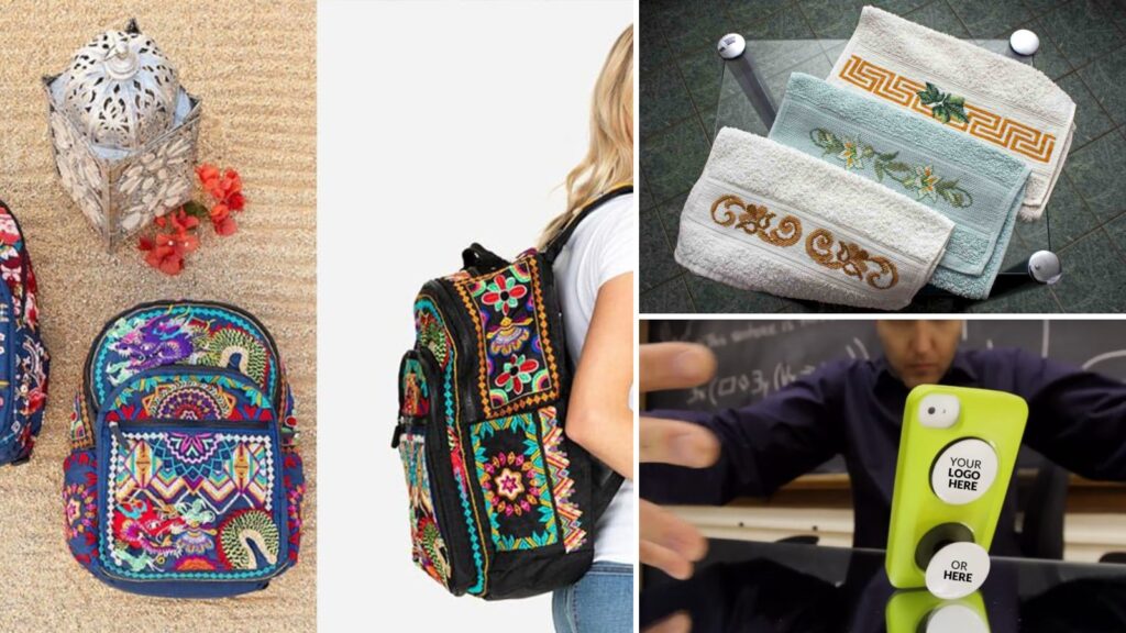 Custom promotional products including printed backpacks, embroidered towels and phone grips