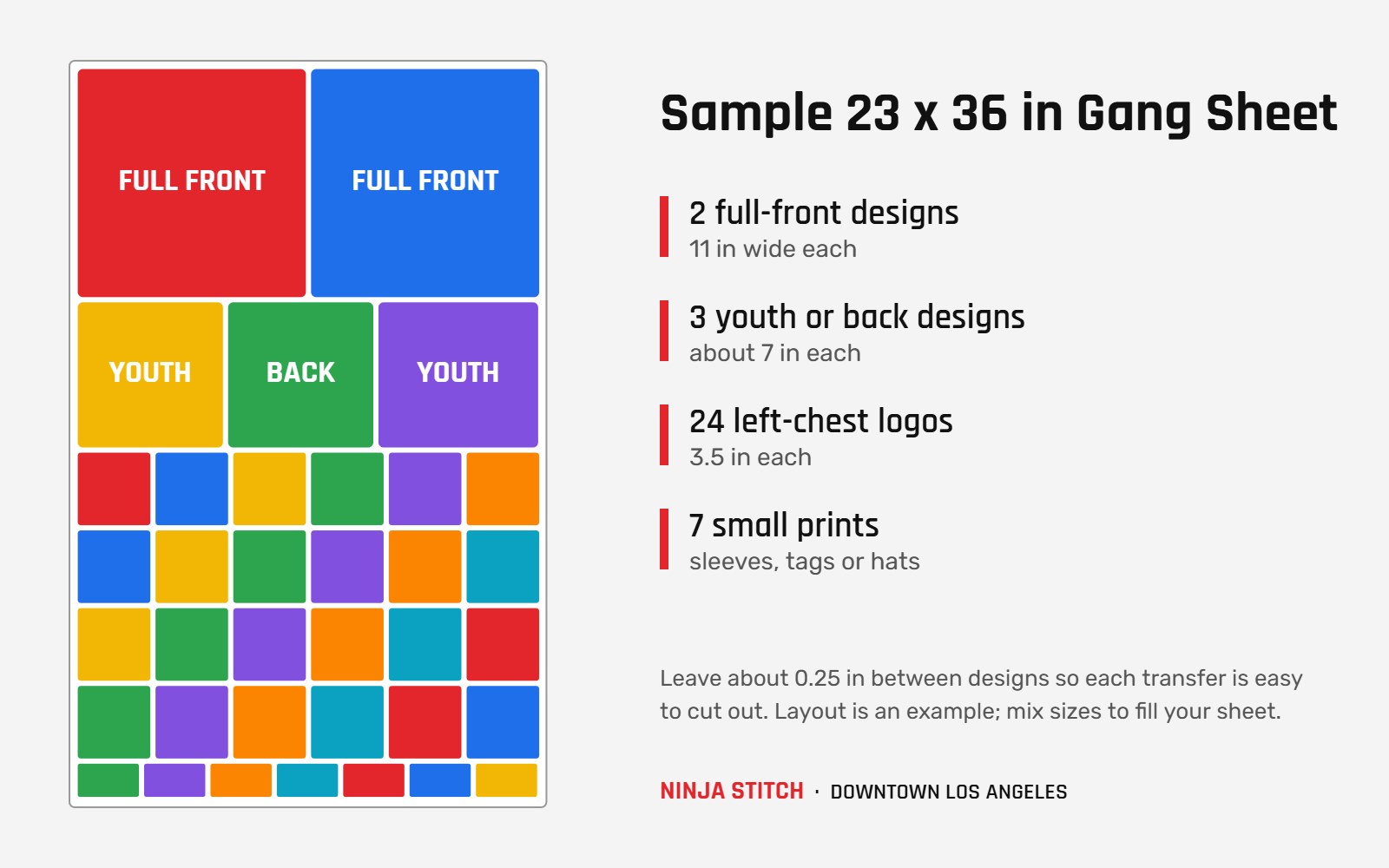 Sample 23 x 36 inch DTF gang sheet layout with full-front designs, youth designs and left-chest logos